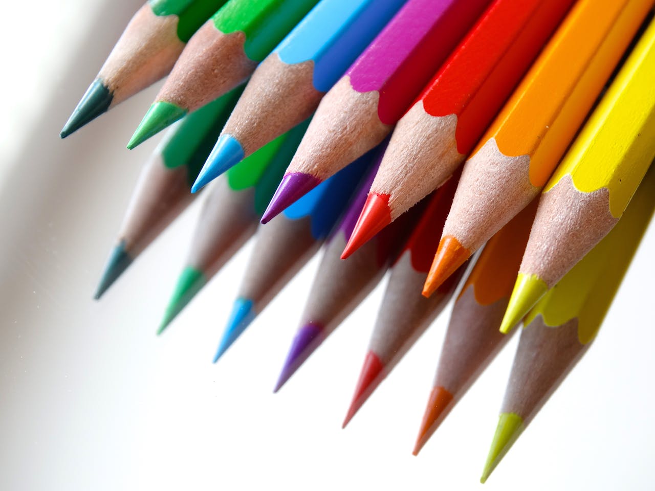 Services Vibrant colored pencils arranged on a white background, ideal for art and creativity.